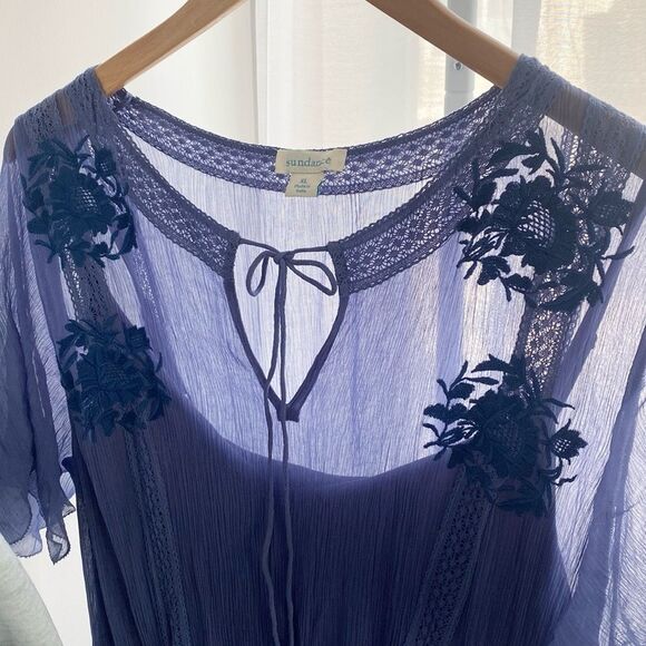 Sundance Led By Dreams Dress Blue Embroidered Floral Sheer XL Boho Old Money - Picture 5 of 12